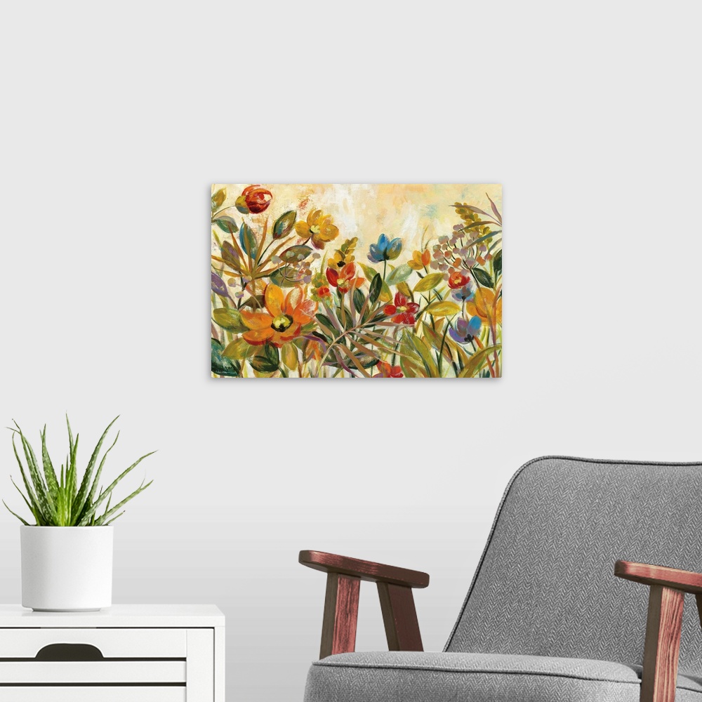 A modern room featuring Contemporary painting of colorful, tropical flowers on a neutral colored background.