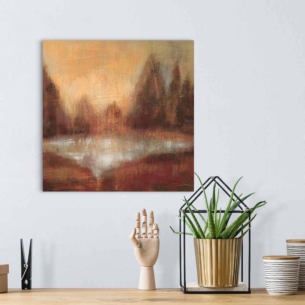 A bohemian room featuring Abstract painting of earth tones almost looking like an idyllic forest scene.