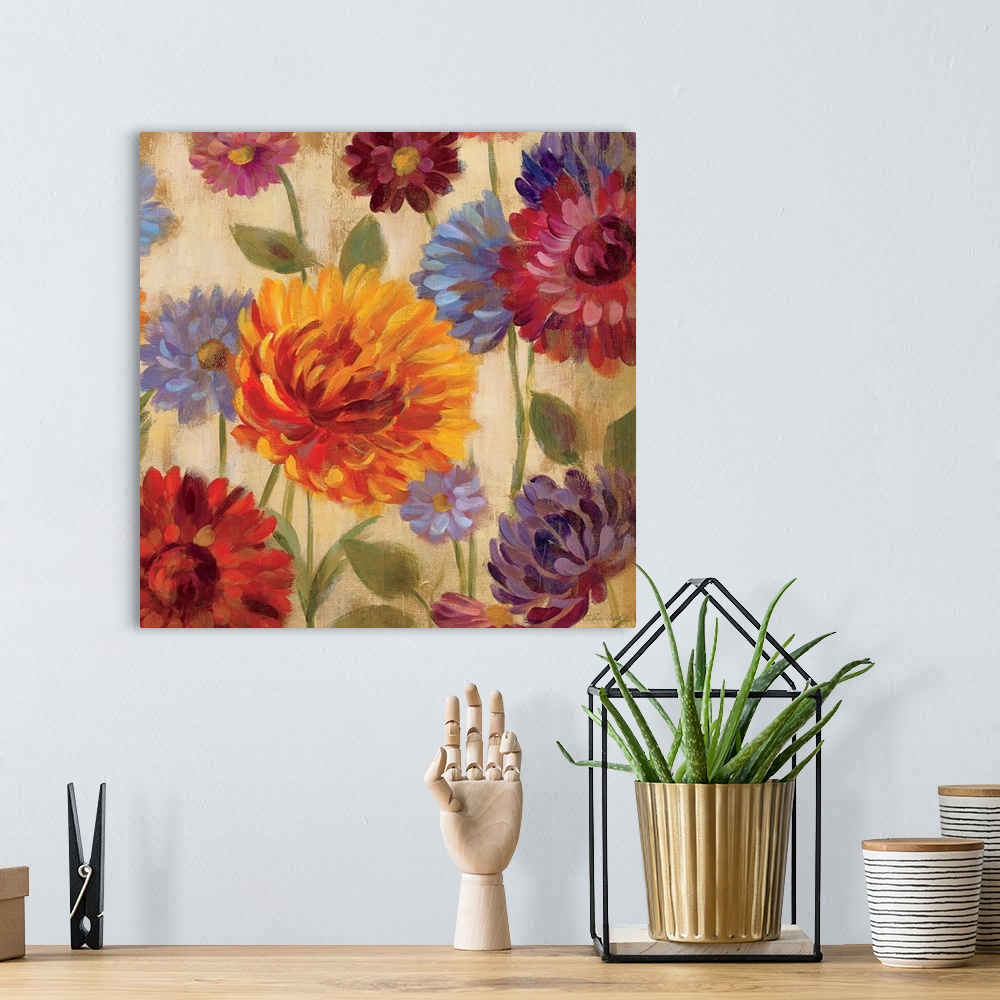 A bohemian room featuring Square, oversized floral painting of vibrant, multicolored dahlia flowers in various sizes, on a ...