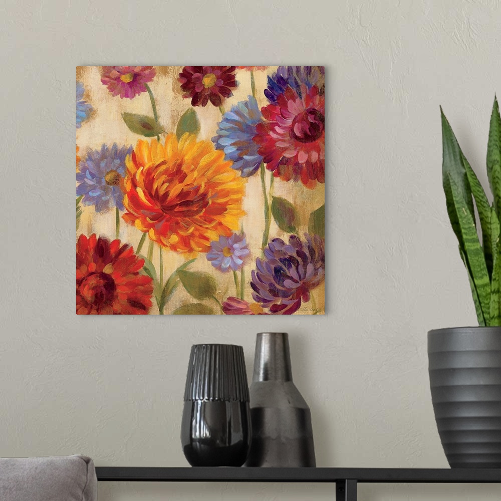 A modern room featuring Square, oversized floral painting of vibrant, multicolored dahlia flowers in various sizes, on a ...