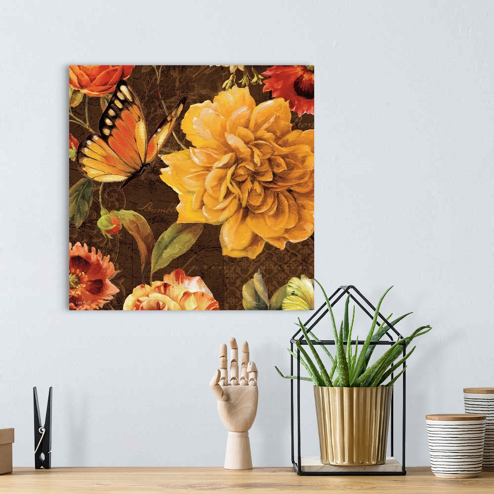 A bohemian room featuring Contemporary painting of flowers close-up in the frame of the image.