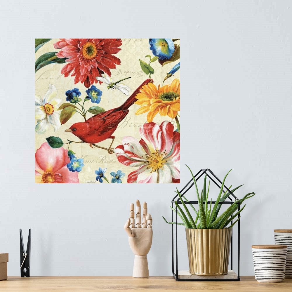 A bohemian room featuring Brightly colored floral canvas with a bird and a dragon fly on a textured background with cursive...