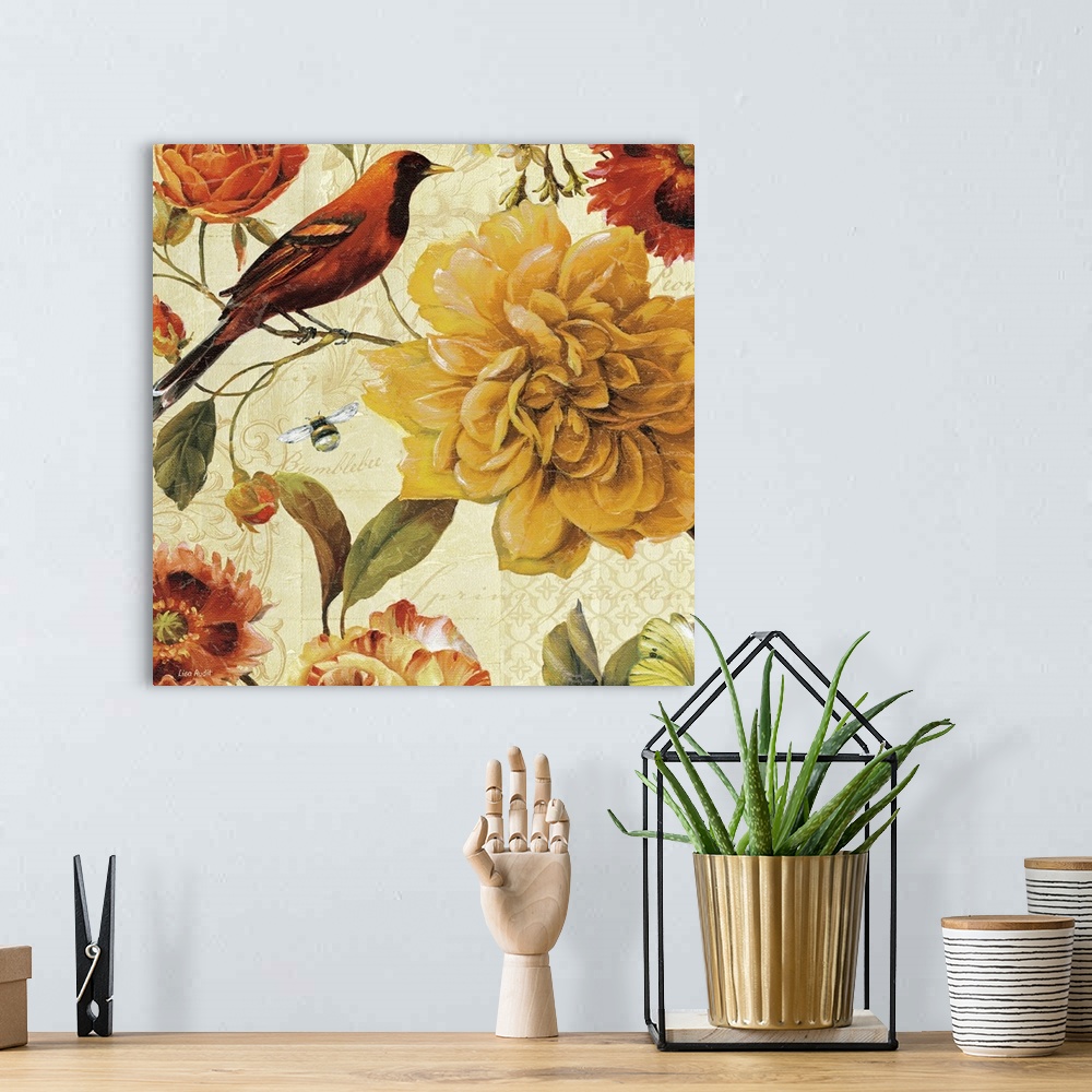A bohemian room featuring Decorative panel with a bird, a bumblebee, and blooming flowers in warm tones, with illustrated p...
