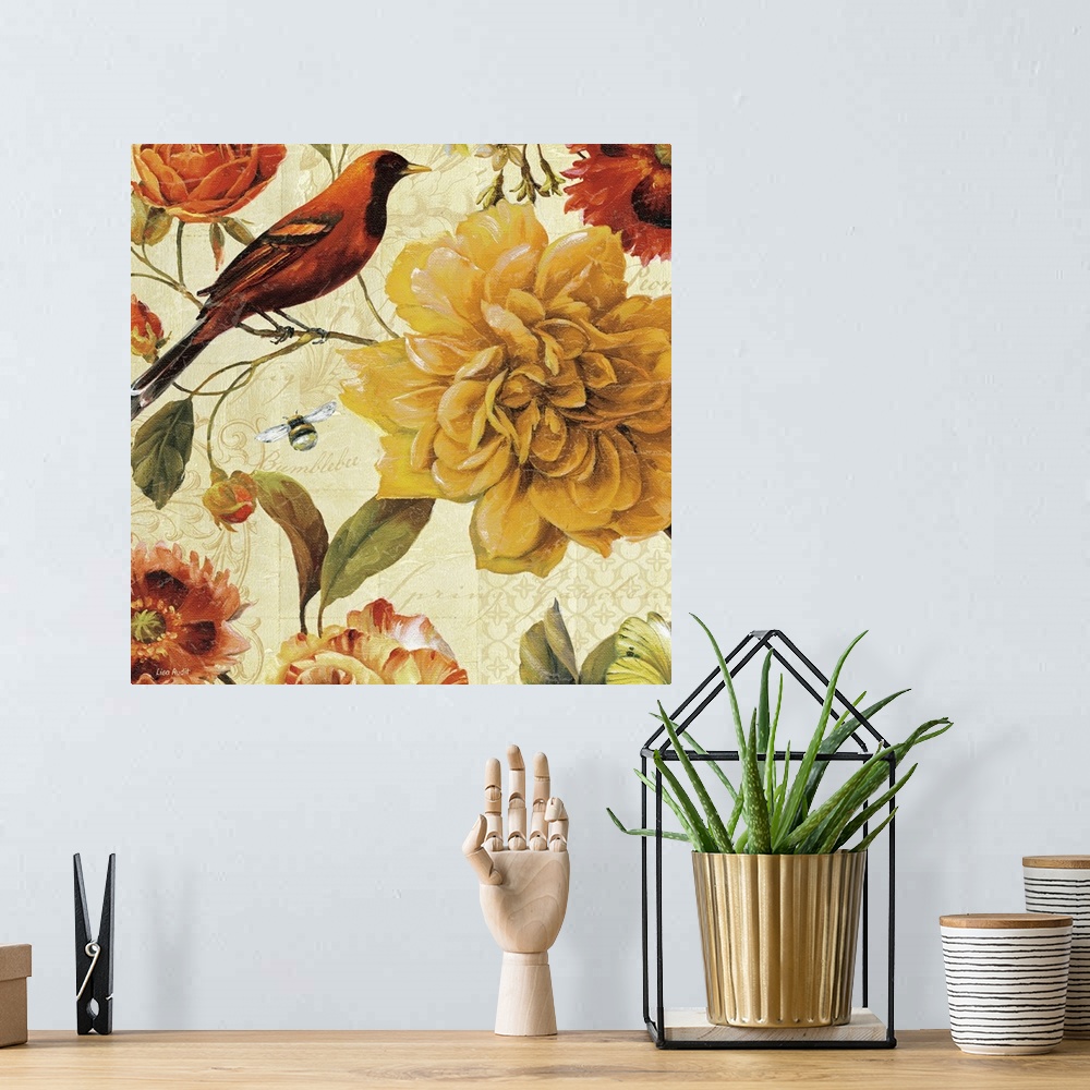 A bohemian room featuring Decorative panel with a bird, a bumblebee, and blooming flowers in warm tones, with illustrated p...