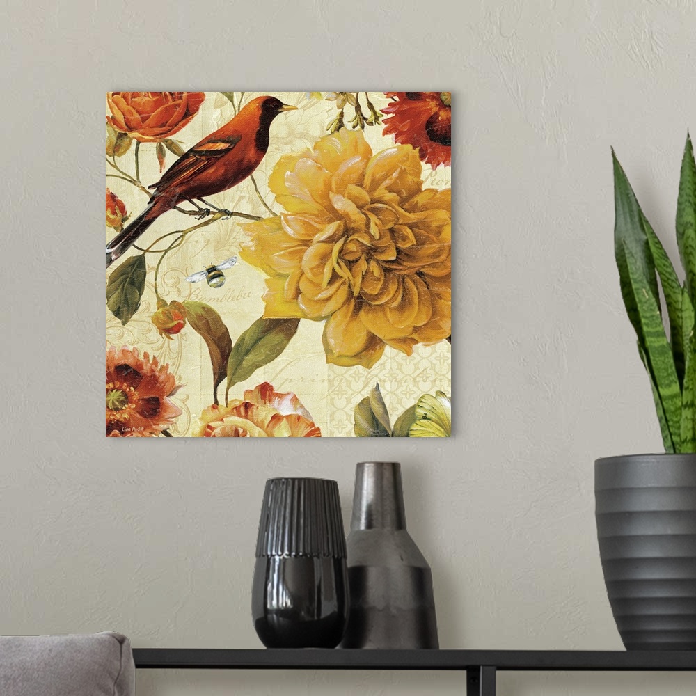 A modern room featuring Decorative panel with a bird, a bumblebee, and blooming flowers in warm tones, with illustrated p...