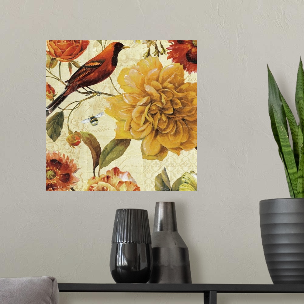 A modern room featuring Decorative panel with a bird, a bumblebee, and blooming flowers in warm tones, with illustrated p...