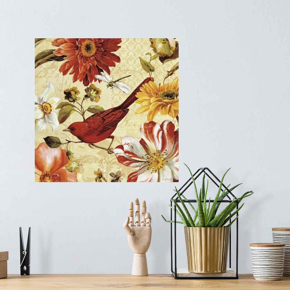 A bohemian room featuring Square, large docor wall art of a bird sitting on a branch, surrounded by floral blooms, a dragon...