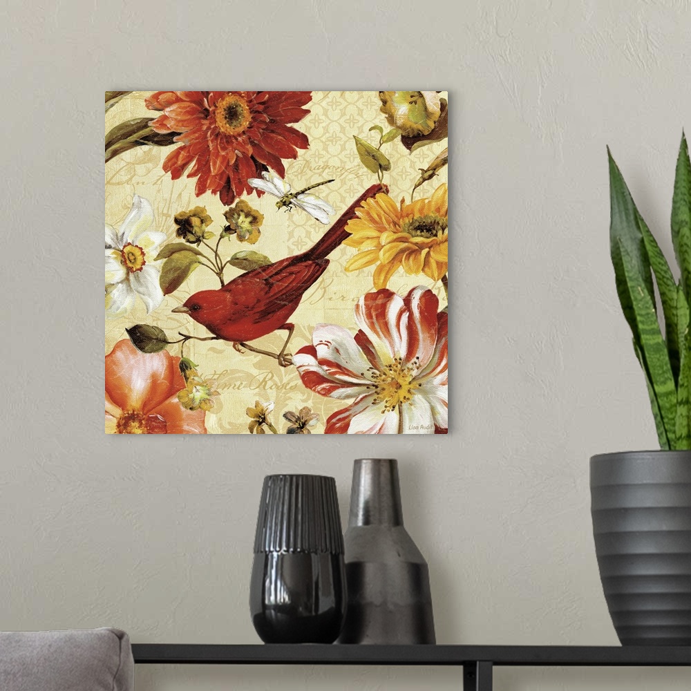 A modern room featuring Square, large docor wall art of a bird sitting on a branch, surrounded by floral blooms, a dragon...