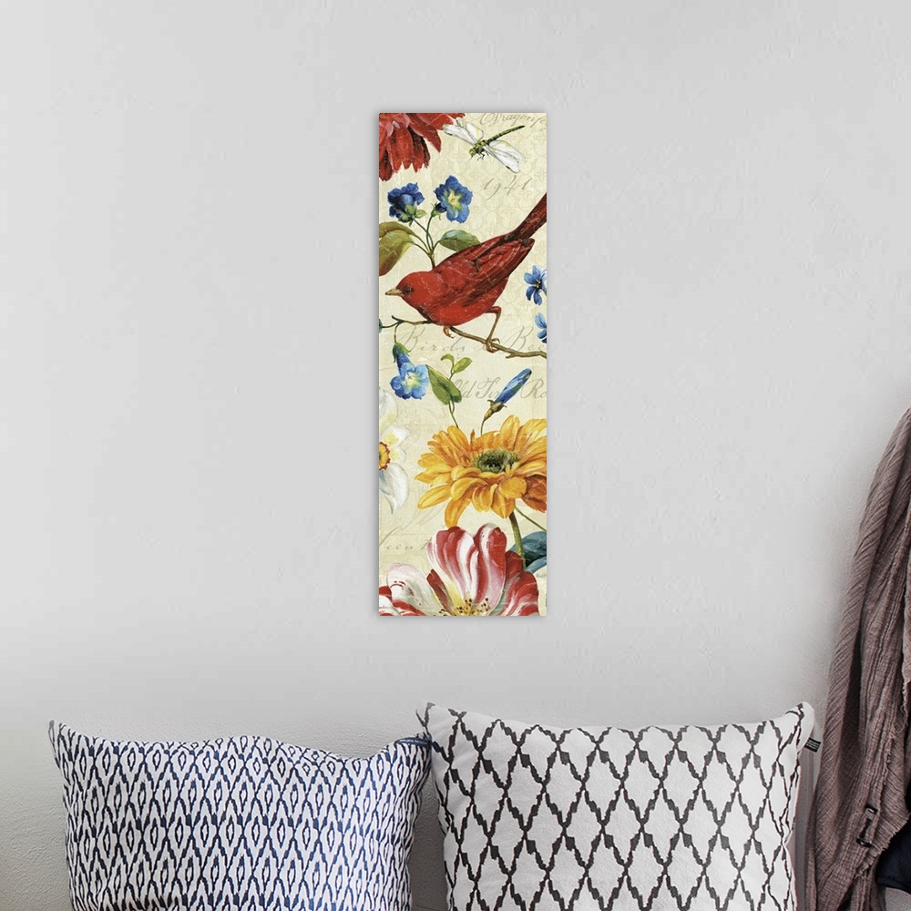 A bohemian room featuring Tall panoramic painting of a bird sitting on a limb with flowers and a dragonfly surrounding him.