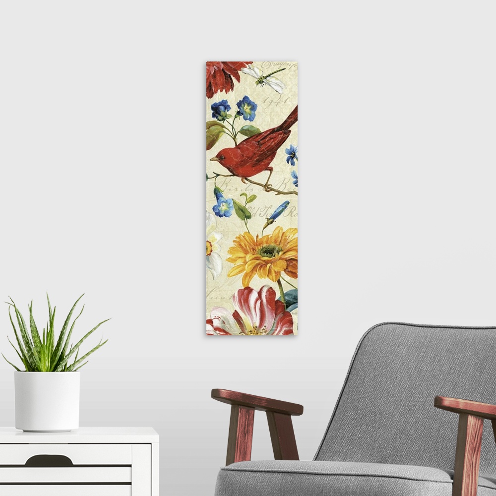 A modern room featuring Tall panoramic painting of a bird sitting on a limb with flowers and a dragonfly surrounding him.