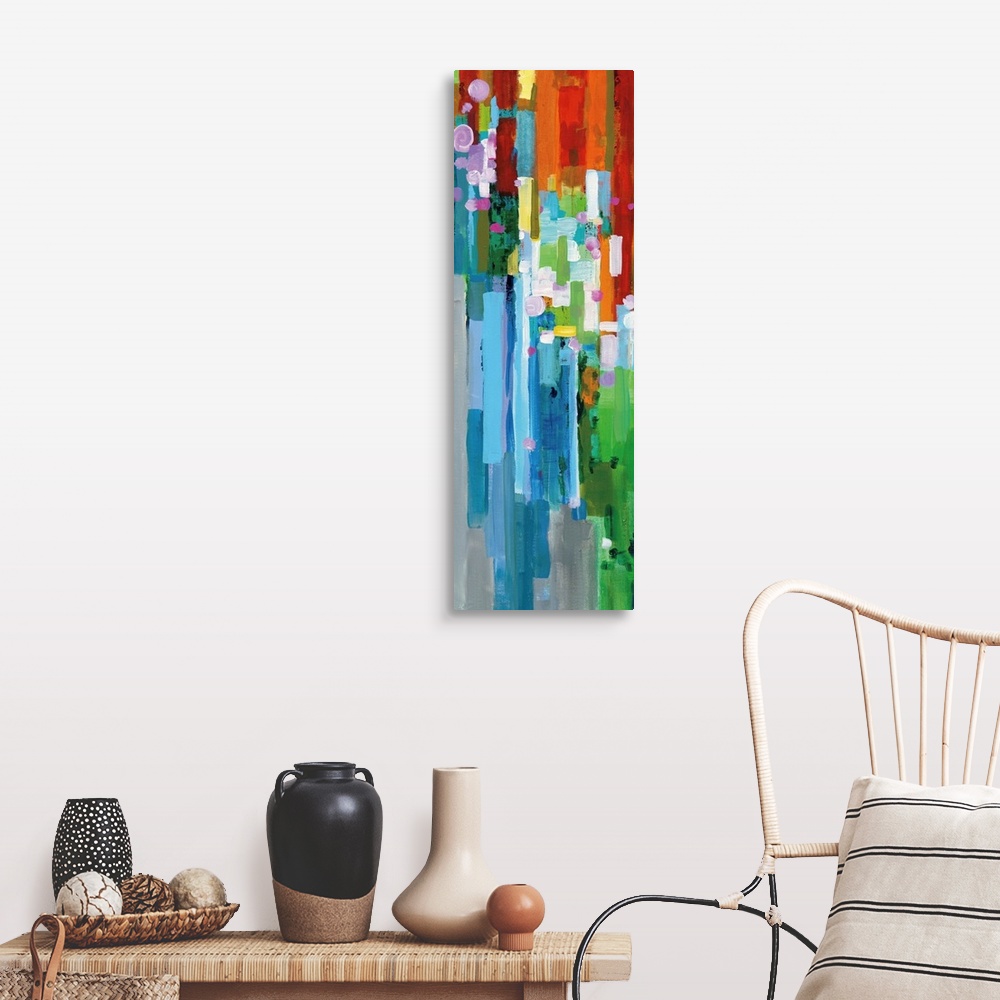 A farmhouse room featuring Tall, rectangular abstract painting with rainbow vertical rectangles stacked together and falling...