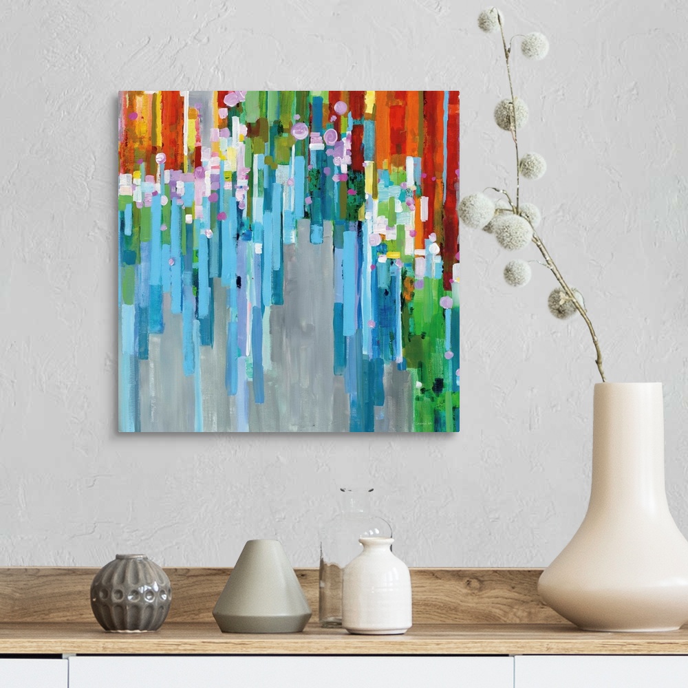 A farmhouse room featuring Square abstract painting with rainbow vertical rectangles stacked together and falling from the d...