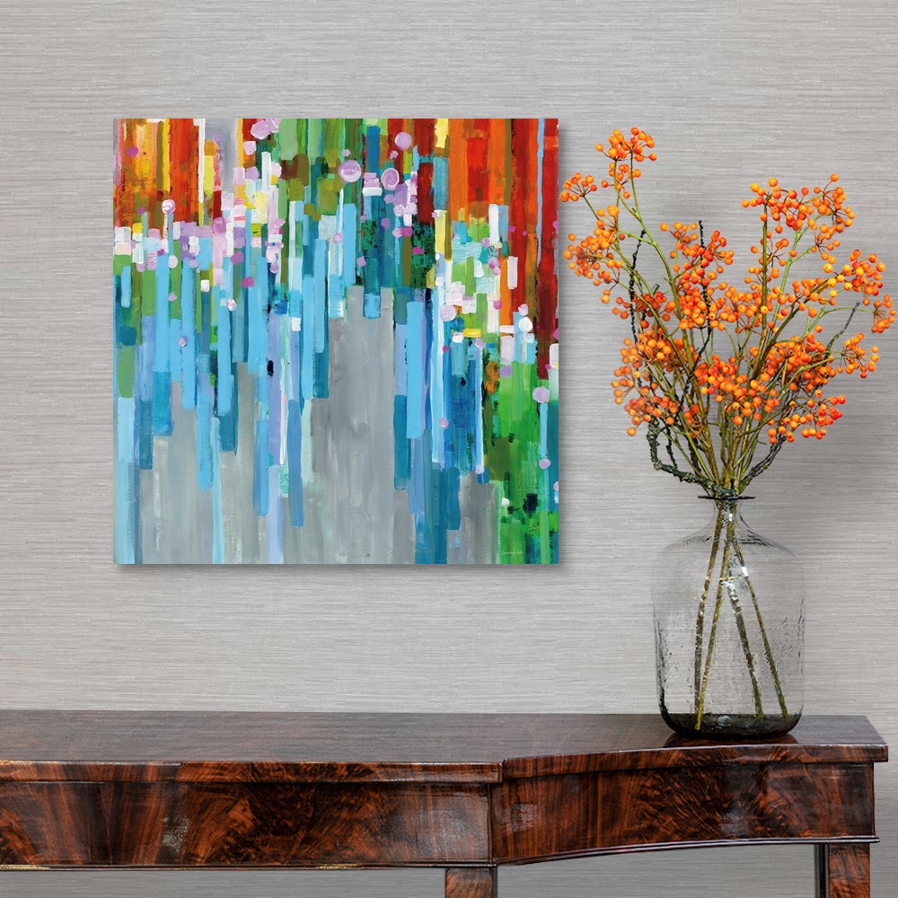 A traditional room featuring Square abstract painting with rainbow vertical rectangles stacked together and falling from the d...