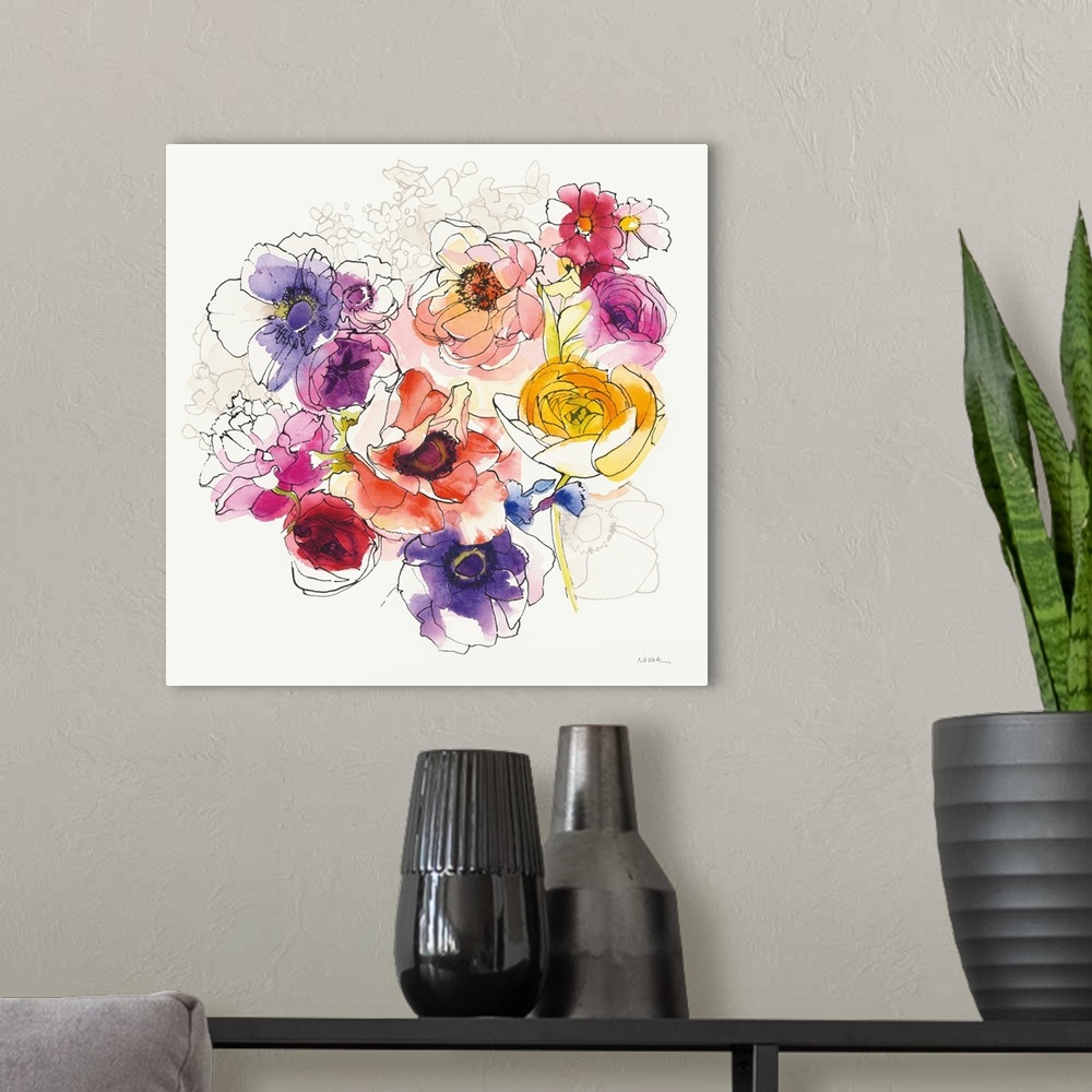 A modern room featuring A colorful watercolor painting of poppies.
