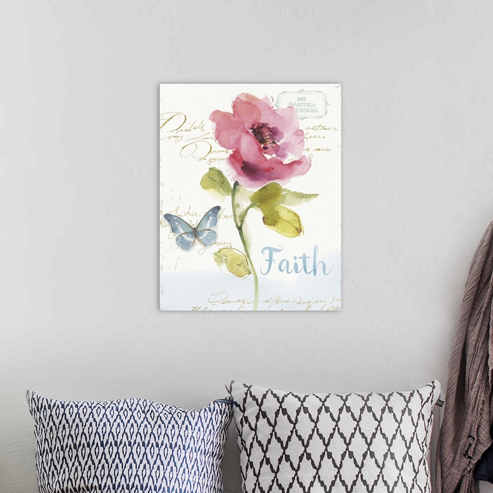 A bohemian room featuring Watercolor painting of a pink flower and a blue butterfly with the word "Faith" written in blue a...
