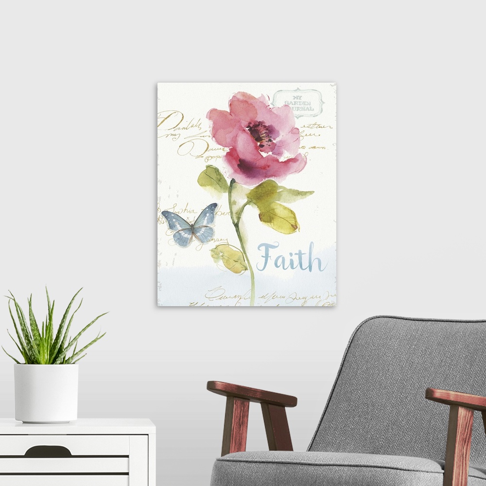 A modern room featuring Watercolor painting of a pink flower and a blue butterfly with the word "Faith" written in blue a...