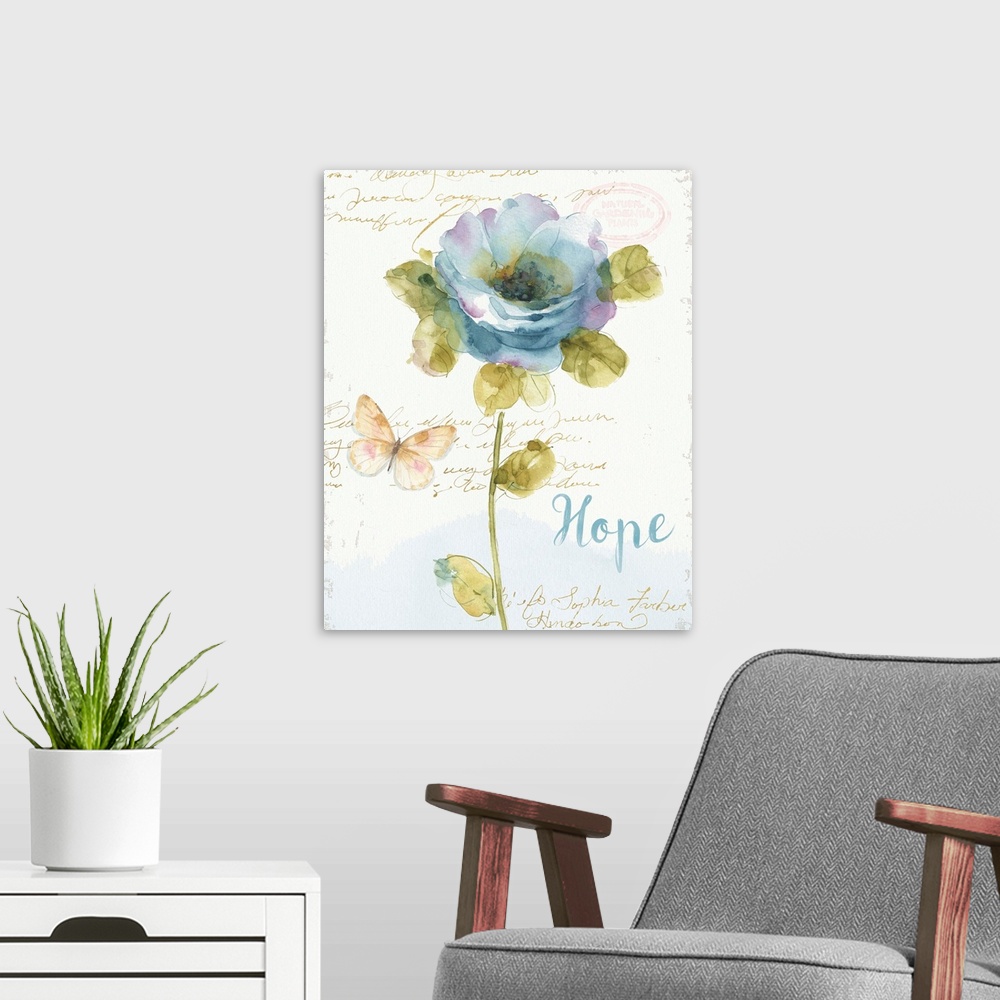 A modern room featuring Watercolor painting of a blue and purple toned flower and a butterfly with the word "Hope" writte...