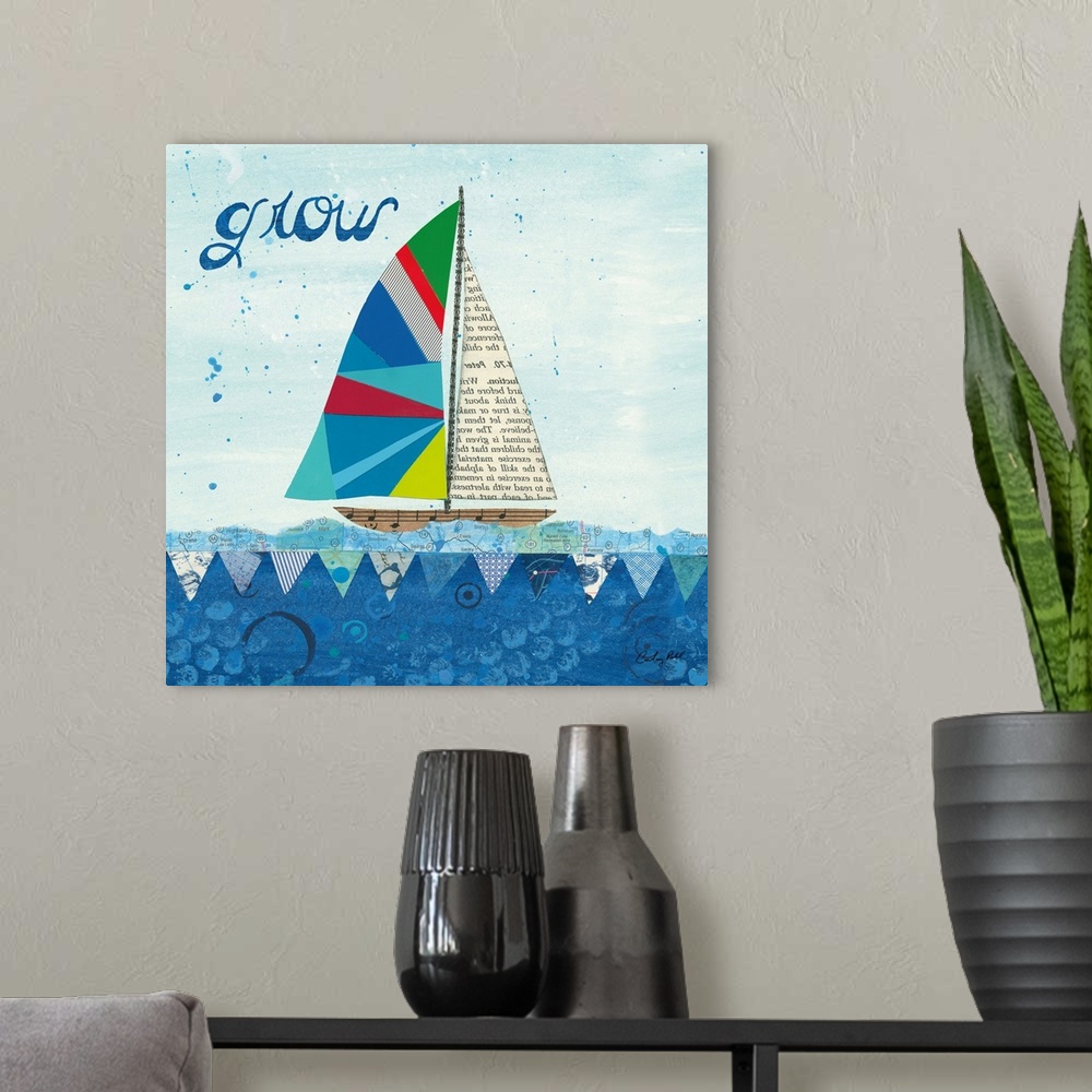 A modern room featuring Decorative collage artwork featuring a whimsical sailboat floating on the sea with the word, 'Gro...