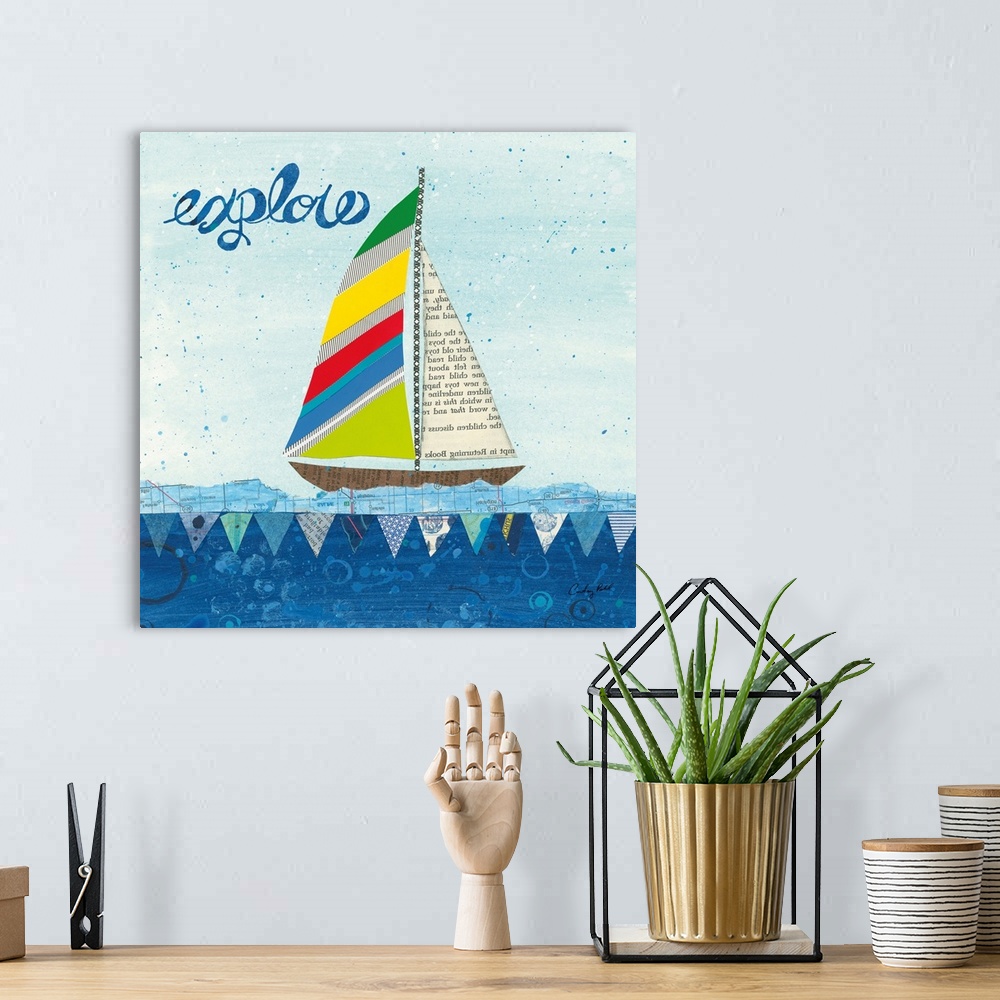 A bohemian room featuring Decorative collage artwork featuring a whimsical sailboat floating on the sea with the word, 'Exp...