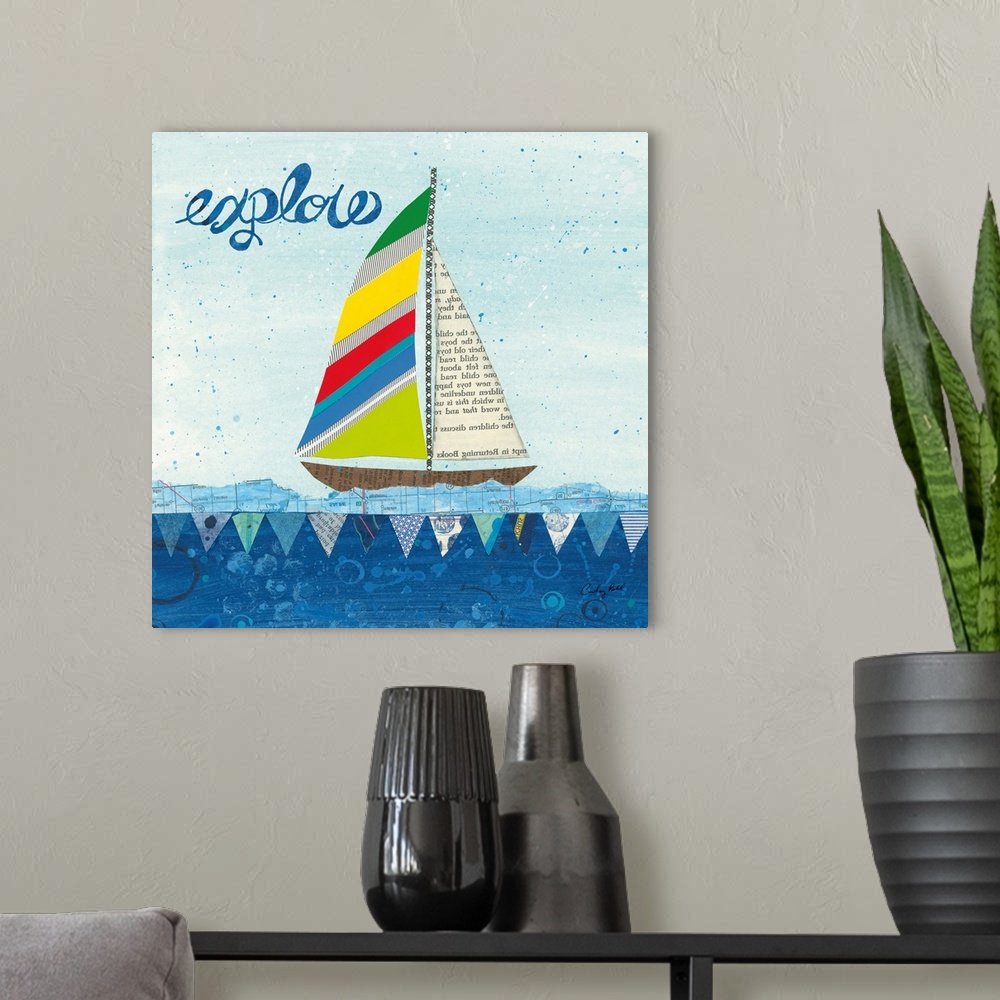 A modern room featuring Decorative collage artwork featuring a whimsical sailboat floating on the sea with the word, 'Exp...