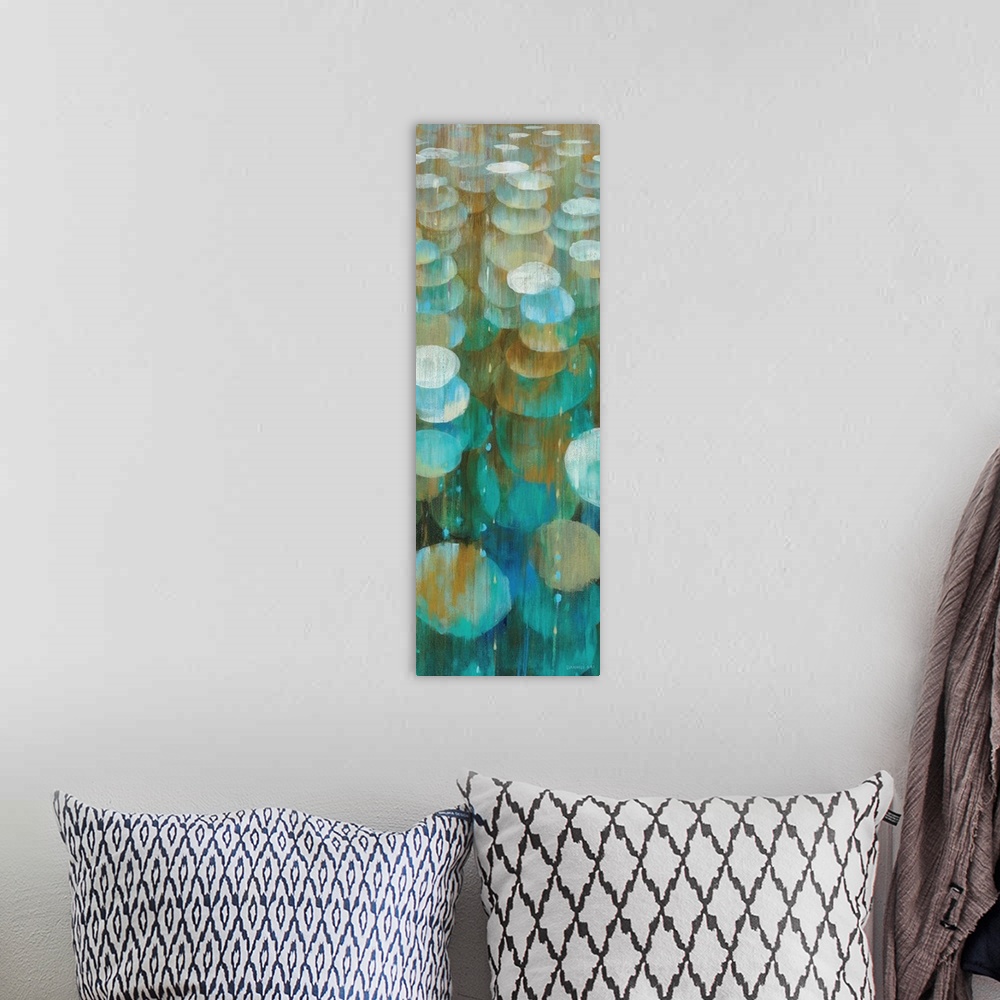 A bohemian room featuring Contemporary colorful abstract painting of organic shapes moving in perspective depths.