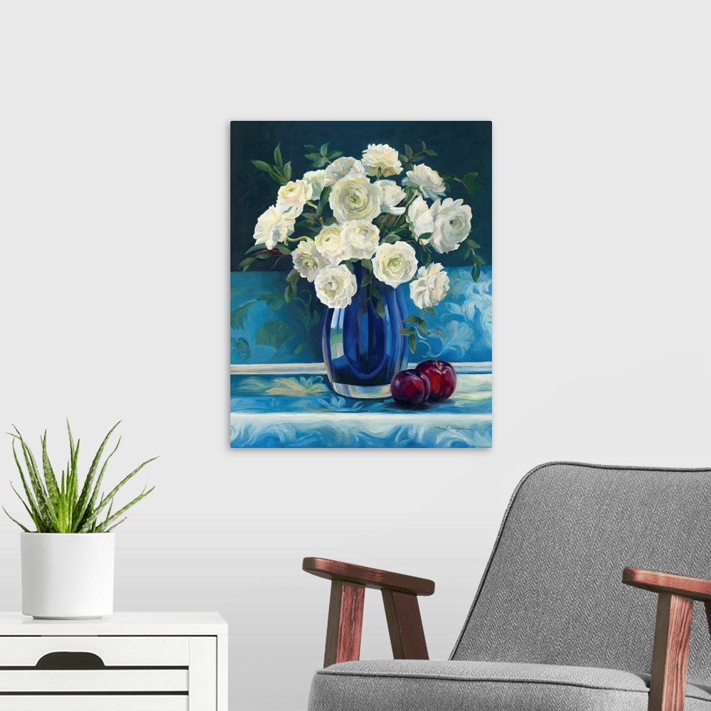 A modern room featuring Ranunculus Cobalt Vase