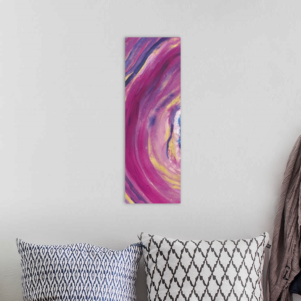 A bohemian room featuring Tall, rectangular abstract painting of the inside of a mineral with pink, purple, blue, and gold ...