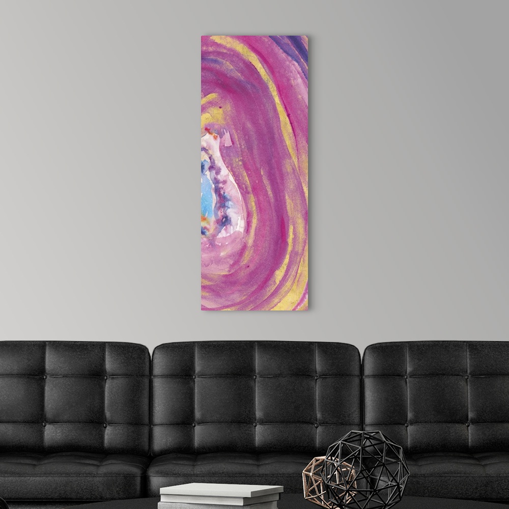 A modern room featuring Tall, rectangular abstract painting of the inside of a mineral with pink, purple, blue, and gold ...