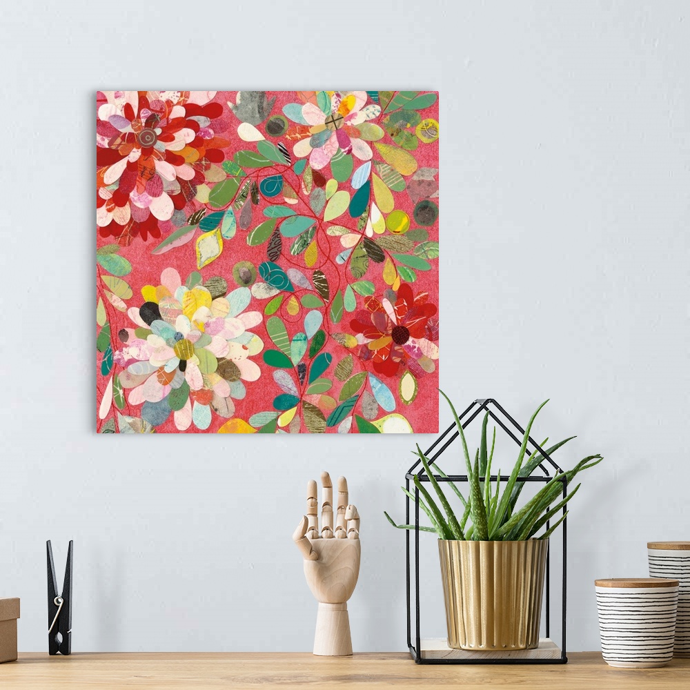 A bohemian room featuring Contemporary artwork of multi-colored flowers against a pale red background.
