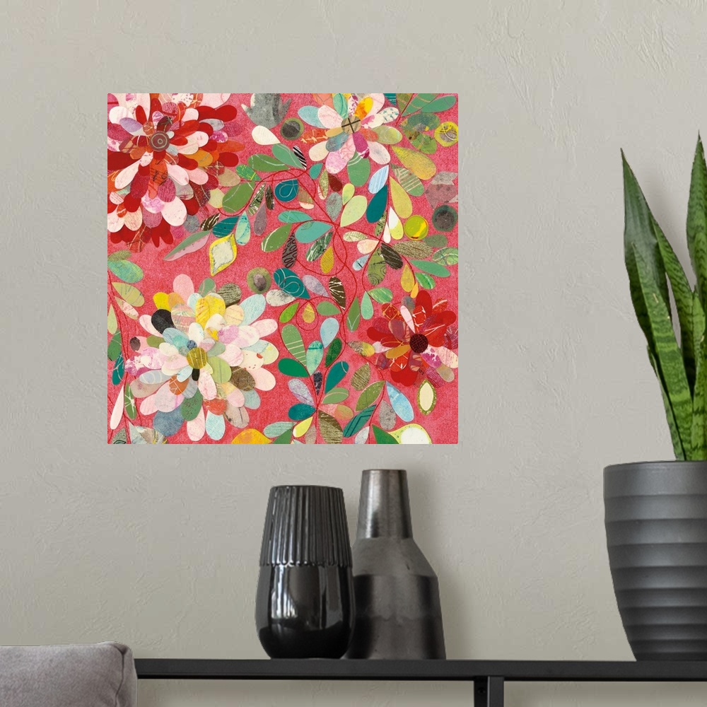 A modern room featuring Contemporary artwork of multi-colored flowers against a pale red background.