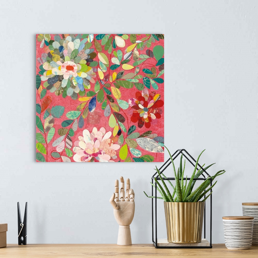 A bohemian room featuring Contemporary artwork of multi-colored flowers against a pale red background.