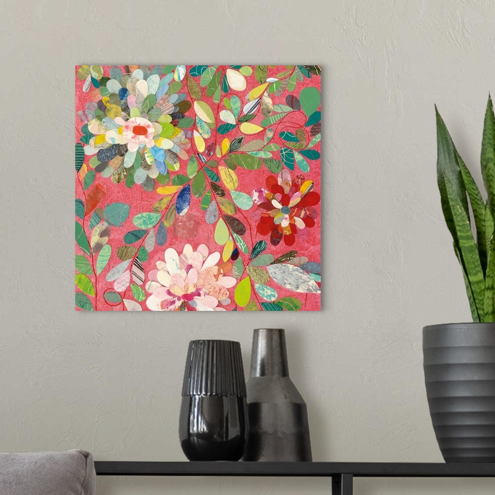 A modern room featuring Contemporary artwork of multi-colored flowers against a pale red background.