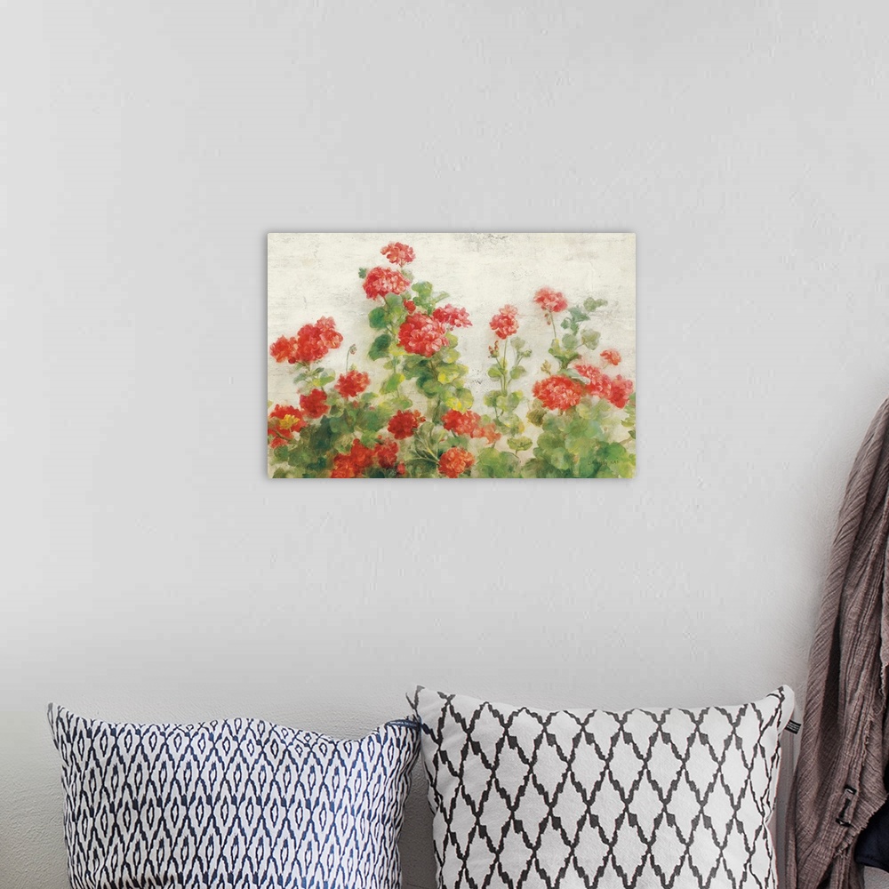 A bohemian room featuring Red Geraniums on White v2