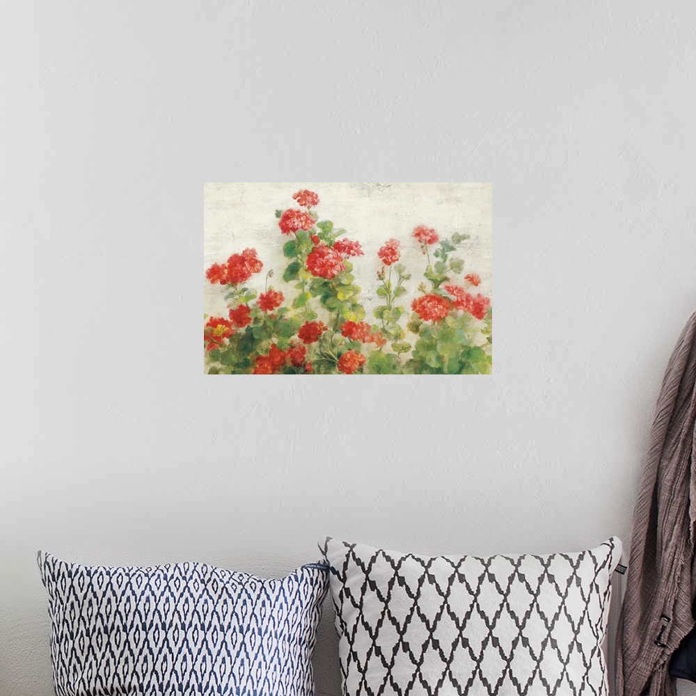 A bohemian room featuring Red Geraniums on White v2