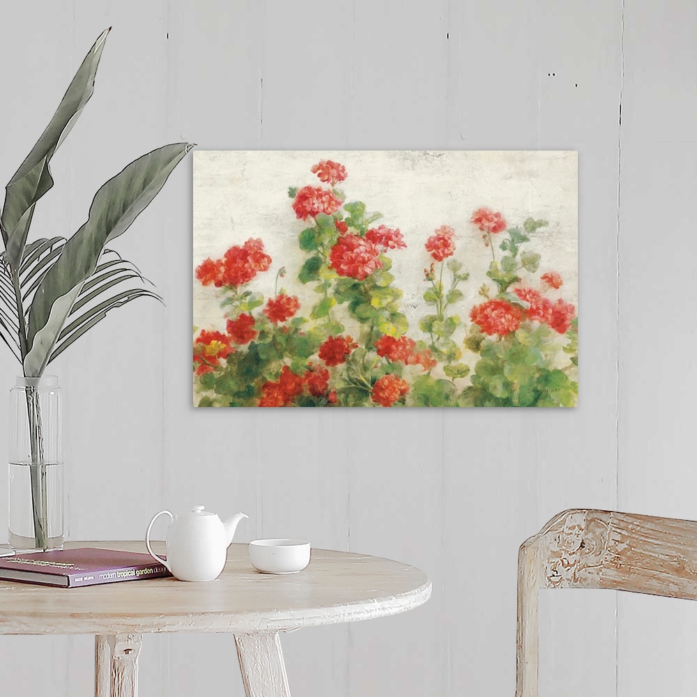 A farmhouse room featuring Red Geraniums on White v2