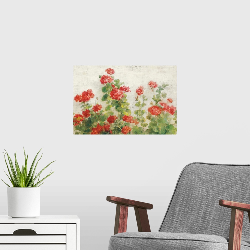A modern room featuring Red Geraniums on White v2