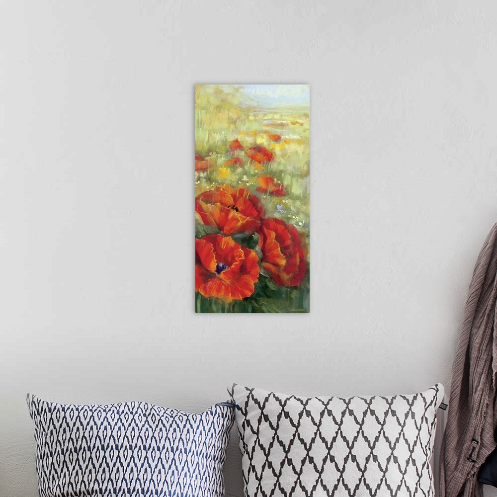 A bohemian room featuring Large, vertical floral painting of several big, blooming poppies in the foreground, behind those ...