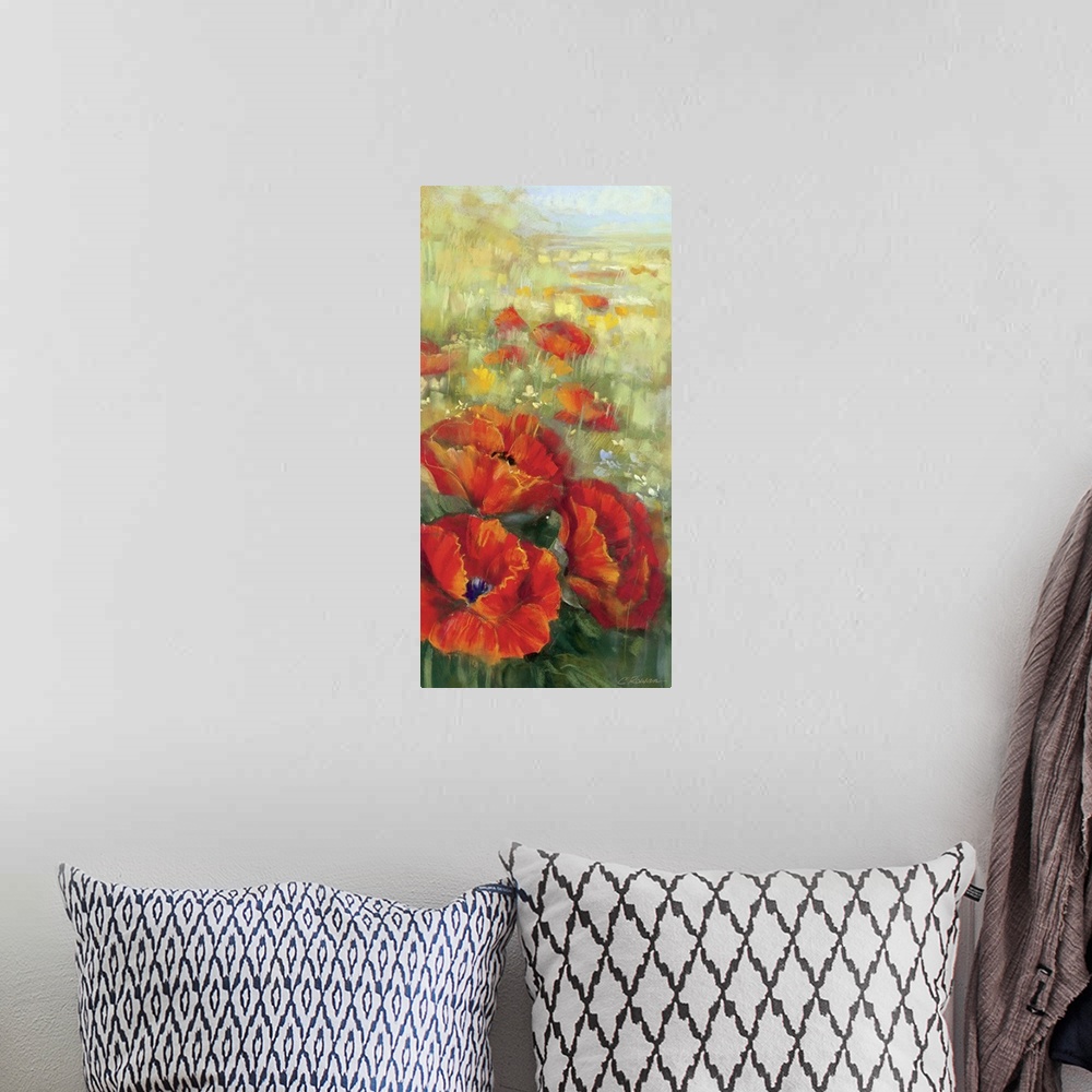 A bohemian room featuring Large, vertical floral painting of several big, blooming poppies in the foreground, behind those ...