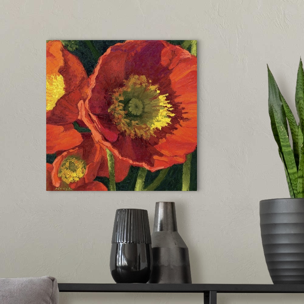 A modern room featuring A contemporary square shaped painting of flower blossoms viewed from up close.