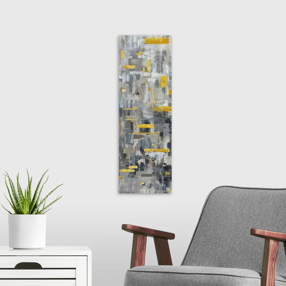 A modern room featuring Tall, rectangular abstract painting with neutral toned brushstrokes in the background and bright ...
