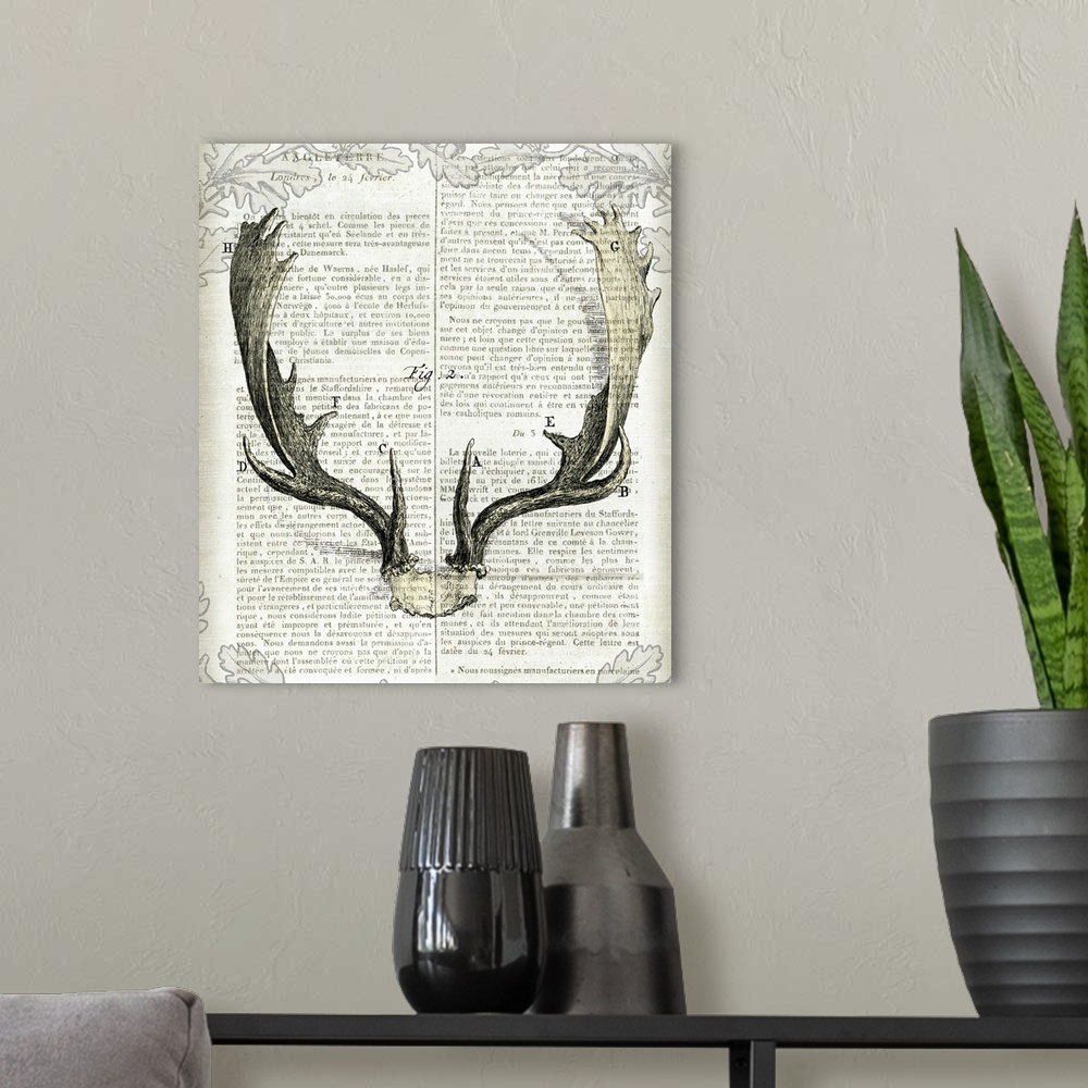 A modern room featuring Artwork of deer antlers against a piece of vintage looking newsprint.