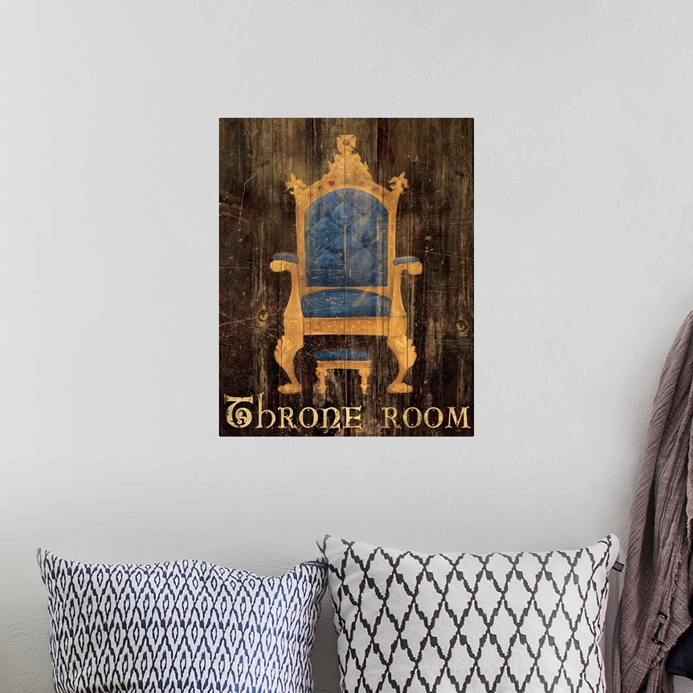 A bohemian room featuring Decorative and humorous bathroom wall art of a plush fantasy or medieval style chair painted over...