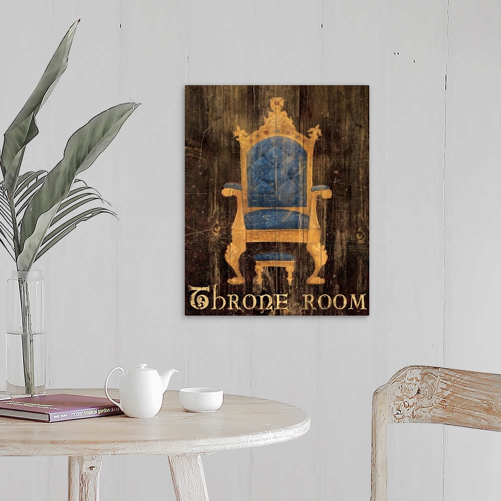 A farmhouse room featuring Decorative and humorous bathroom wall art of a plush fantasy or medieval style chair painted over...