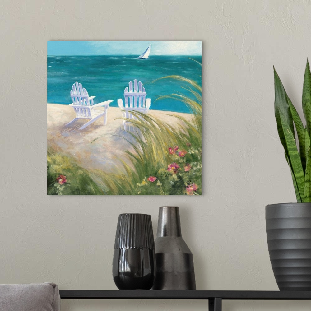 A modern room featuring Relaxing painting of two white adirondack chairs on the beach with a sailboat in the ocean off in...