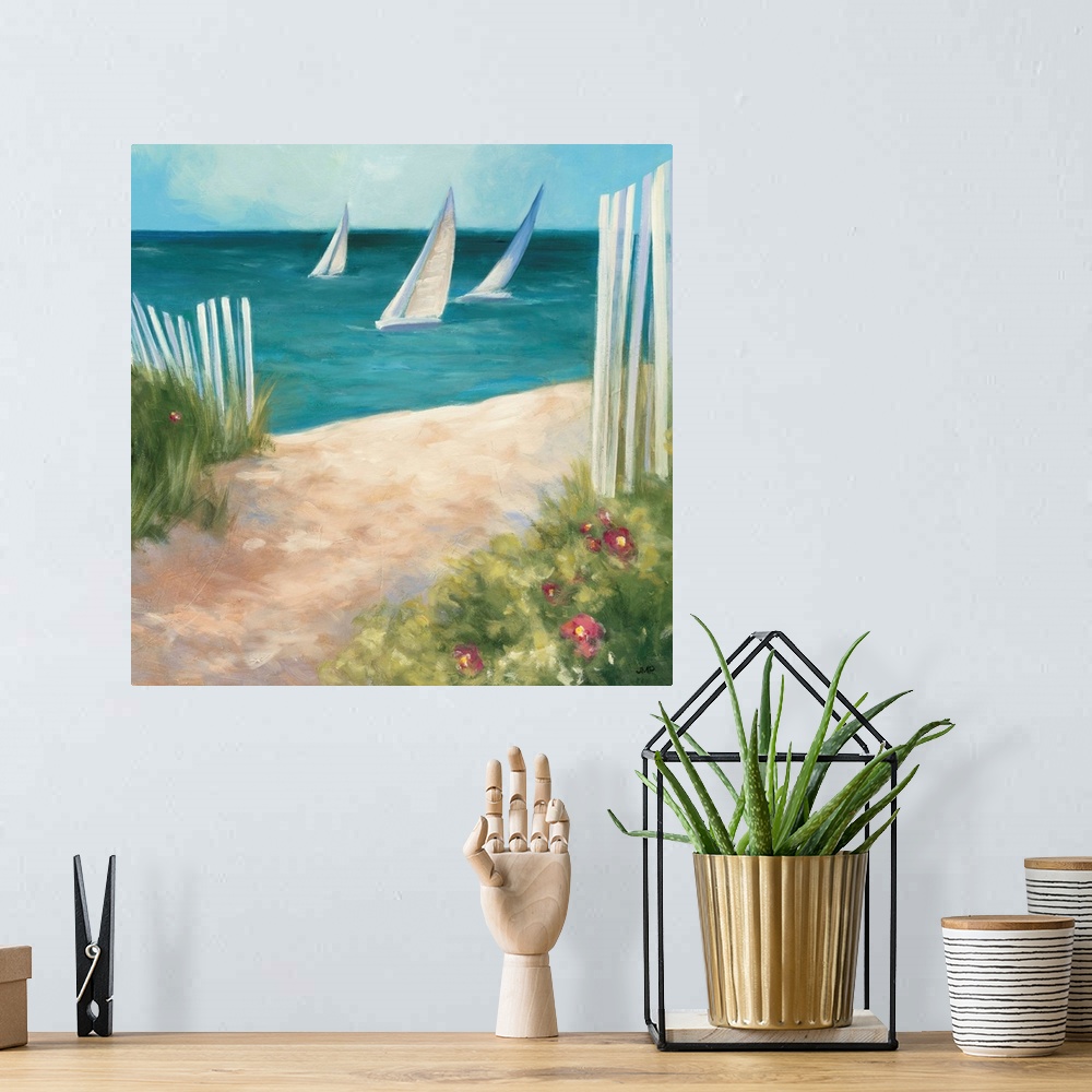 A bohemian room featuring Contemporary painting of a sandy path on the beach with three sailboats in the ocean.