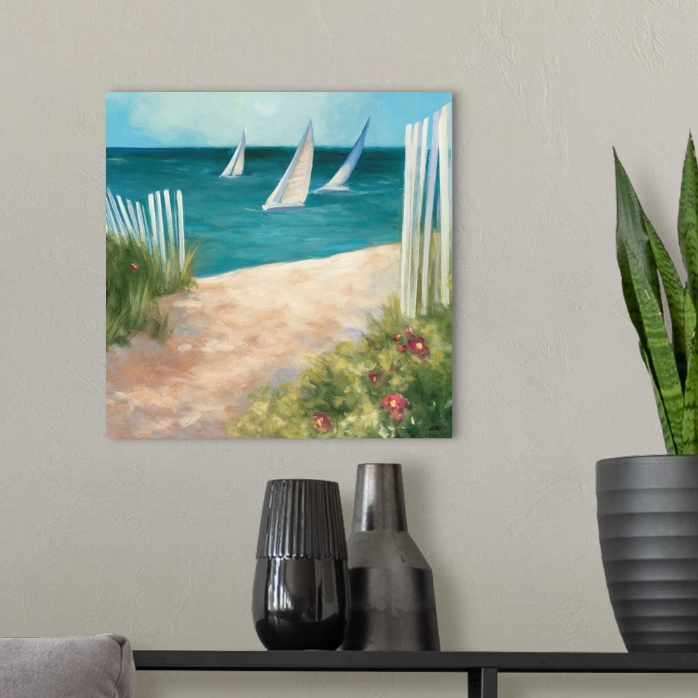 A modern room featuring Contemporary painting of a sandy path on the beach with three sailboats in the ocean.