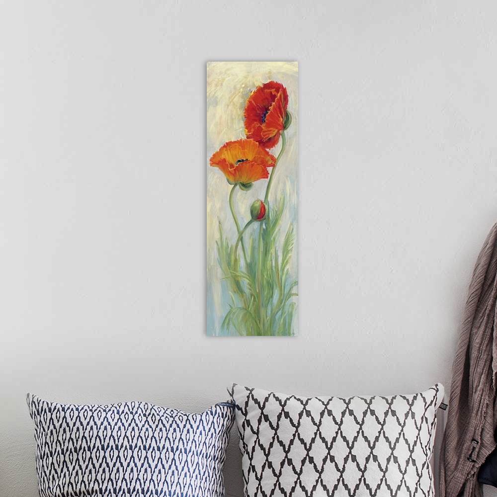 A bohemian room featuring Vertical contemporary painting by Carol Rowan of long stemmed red poppies on a soft background.