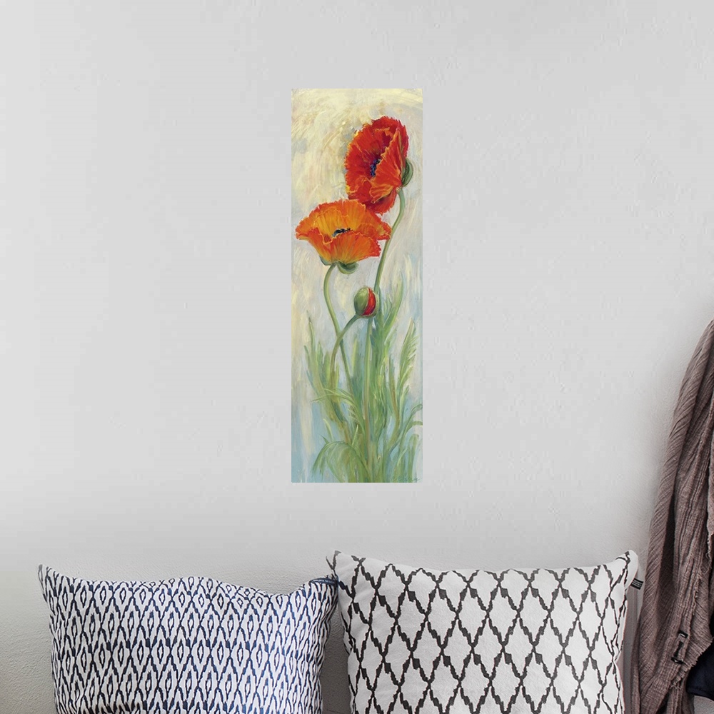 A bohemian room featuring Vertical contemporary painting by Carol Rowan of long stemmed red poppies on a soft background.