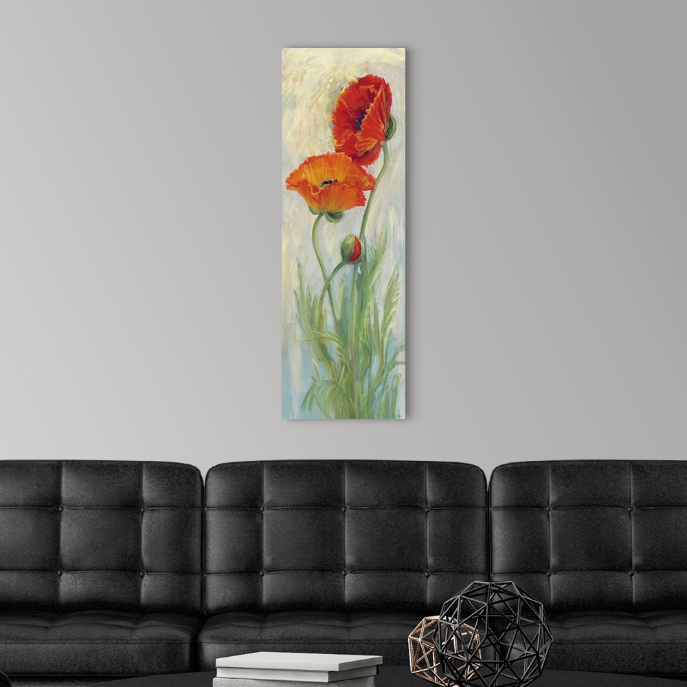 A modern room featuring Vertical contemporary painting by Carol Rowan of long stemmed red poppies on a soft background.