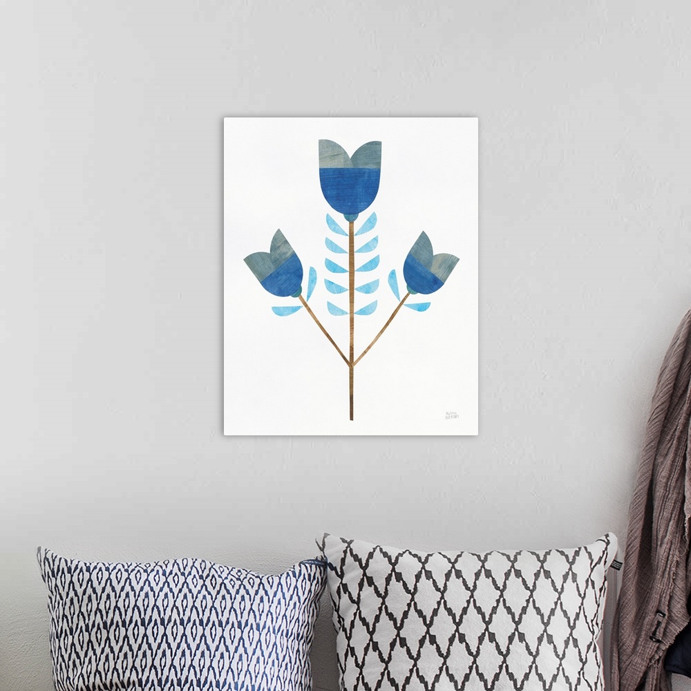 A bohemian room featuring Contemporary artwork of blue flowers created with individual cut out pieces of painted paper and ...